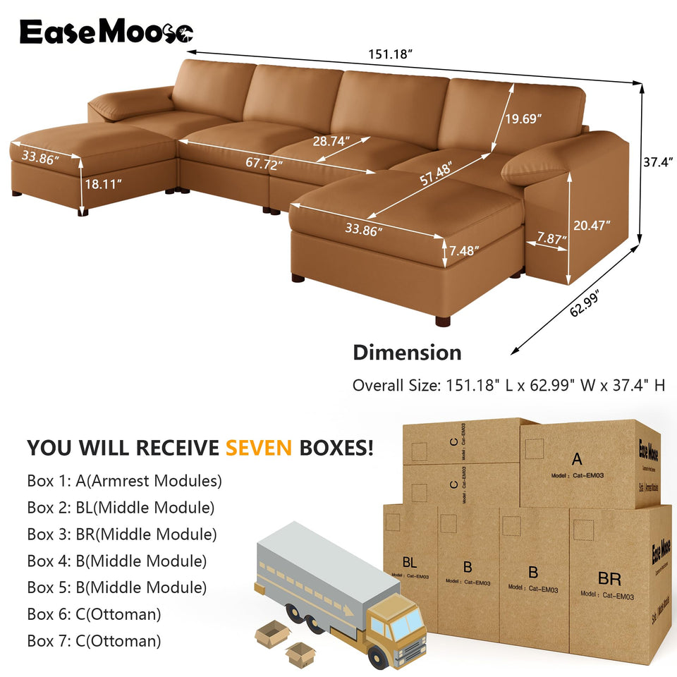 EASE MOOSE Leather Sectional Couch, Oversized Modular Sectional Sofas, Wide Deep Seat Modular Couch, Scratch Resistant Faux Leather Material, L Shaped Sofa for Big Spaces,Beige