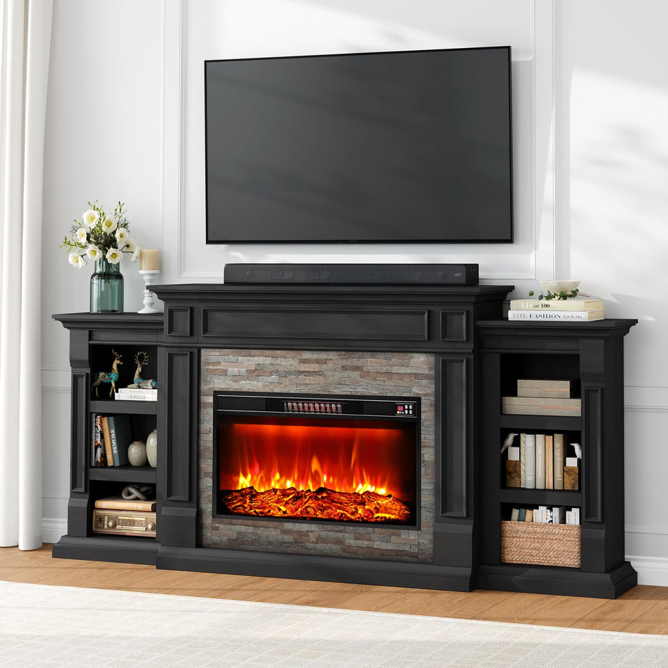 80" Fireplace TV Stand for TVs Up to 90 Inch, Electric Fireplace with Mantel, Farmhouse Entertainment Center with Storage, Realistic Stacked Stone Surround with Remote Control for Living Room