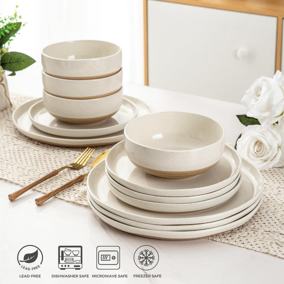AmorArc Ceramic Dinnerware Sets for 8, 24 Pieces Handpainted Plates and Bowls Set with Rustic Terracotta Underside, Scratch Resistant Stoneware Dishes Set, Dishwasher & Microwave Safe, Light Beige