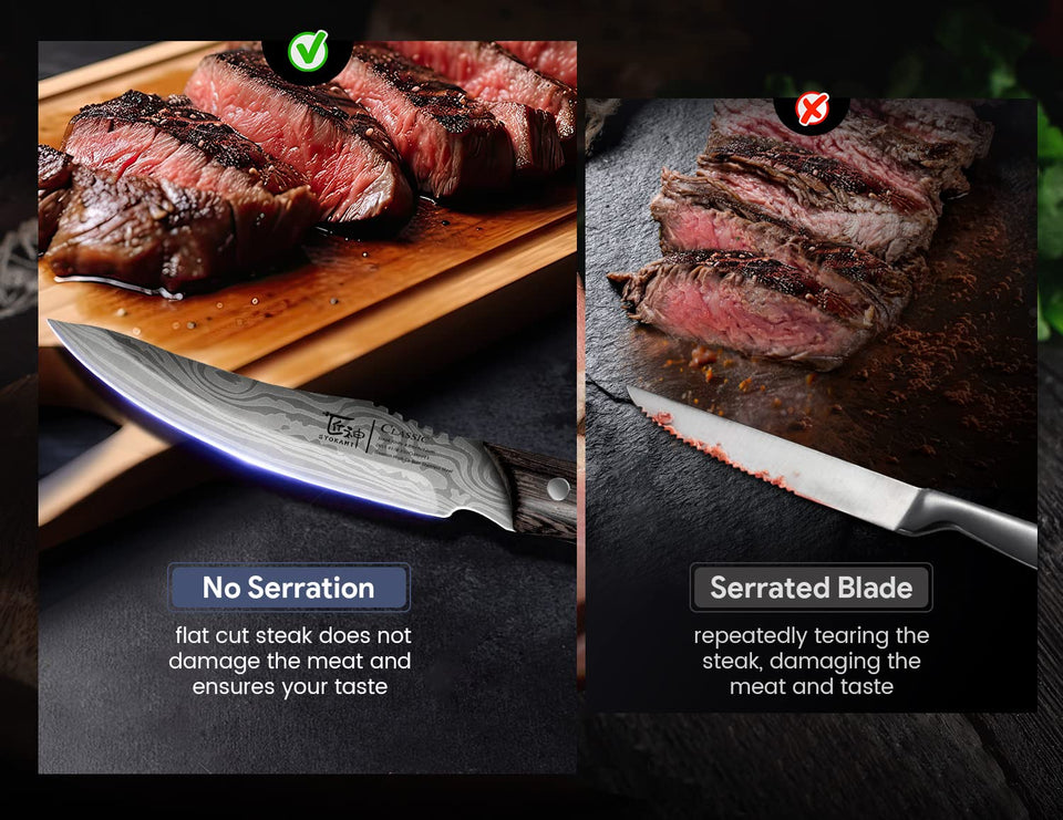 SYOKAMI Steak Knives Set of 8, 4.8 Inch High-Carbon Japanese Stainless Steel Non-serrated Steak Knife with Wood Handle, Damascus Pattern Full Tang Design, Razor-Sharp Dinner Knives with Gift Box