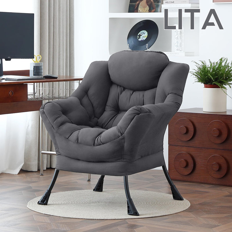 LITA Lazy Chair with Ottoman, Modern Accent Leisure Upholstered Lazy Sofa Armchair, Contemporary Lounge Reading Chair with Armrests and a Side Pocket for Living Room, Bedroom & Small Space, Dark Grey