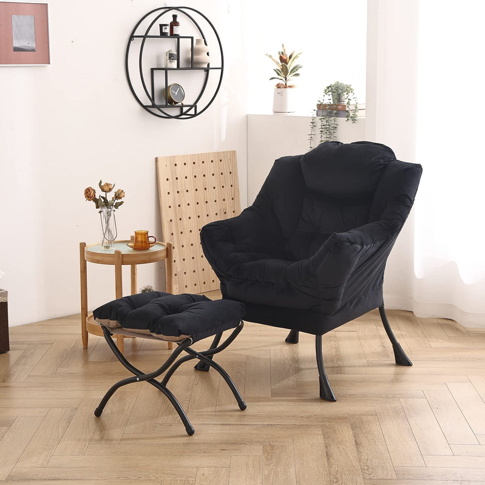 Welnow Lazy Chair with Ottoman, Modern Lounge Accent Chair with Armrests and a Side Pocket, Leisure Sofa Armchair, Reading Armchair with Footrest for Small Space, Dark Grey