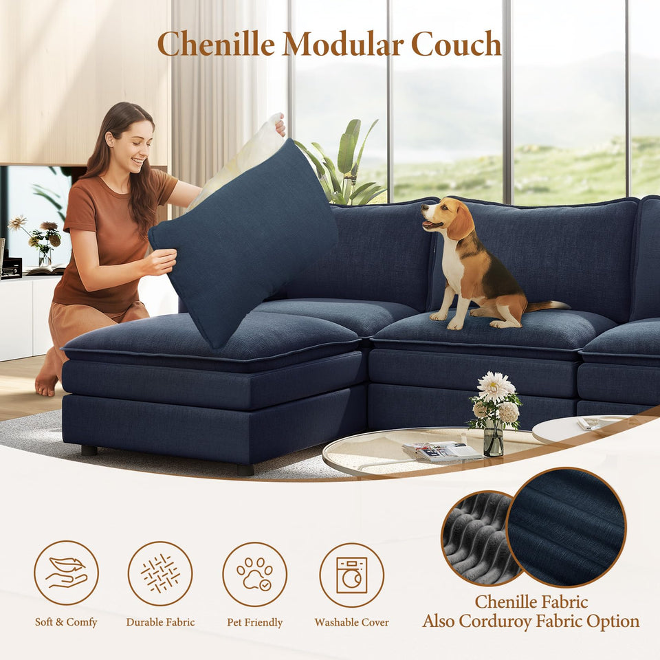 Vesgantti 142" U Shaped Sectional Couch, Comfy Cloud Modular Sectional Sofa with 2 Ottoman Deep Seat Chenille Modern Cloud Sofa, Modular Sofas for Living Room, Bedroom and Apartment, Beige
