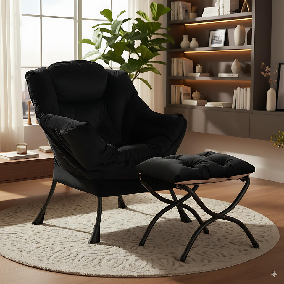 LITA Lazy Chair with Ottoman, Modern Accent Leisure Upholstered Lazy Sofa Armchair, Contemporary Lounge Reading Chair with Armrests and a Side Pocket for Living Room, Bedroom & Small Space, Dark Grey