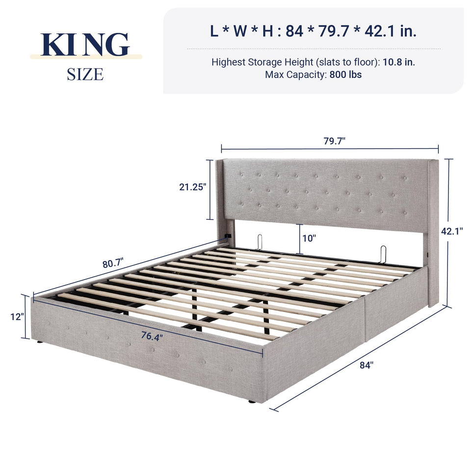 Allewie King Size Lift Up Storage Bed, Modern Wingback Headboard, Hydraulic Support, No Box Spring Needed, Light Beige