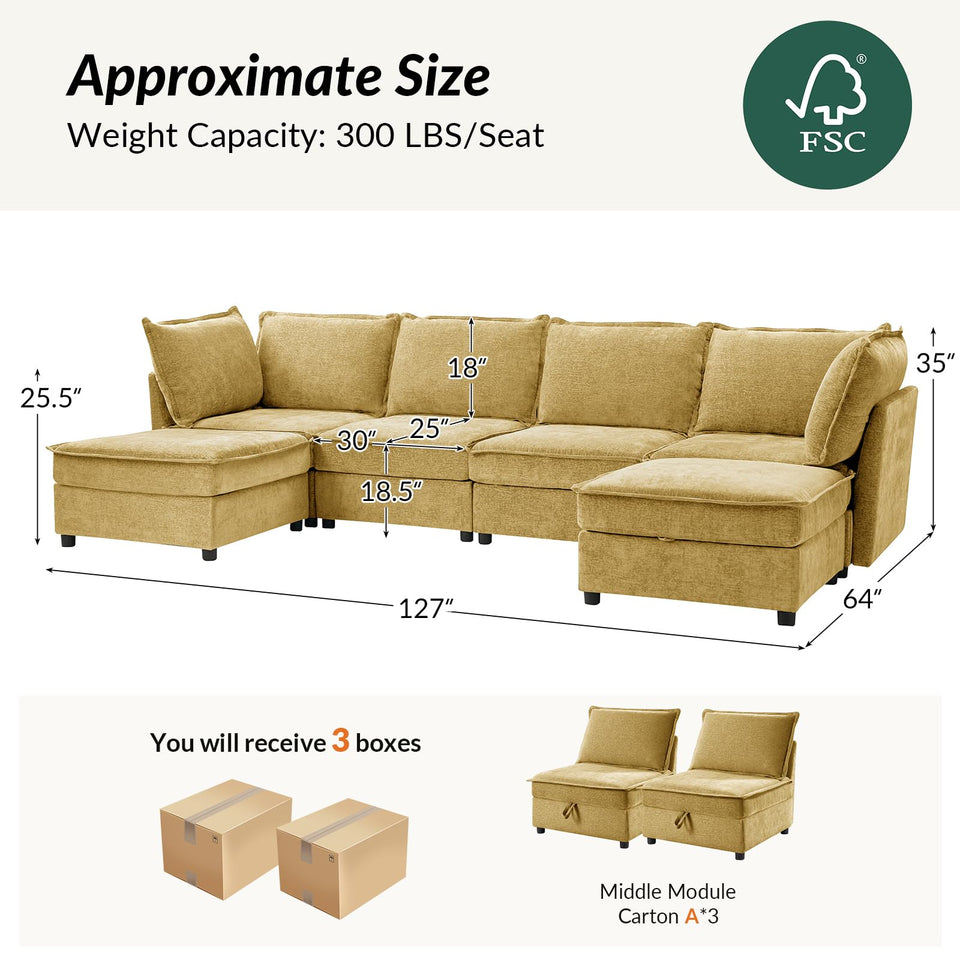 HULALA HOME 127'' Modular Sectional Sofa, Oversized U Shaped Couch with Storage Ottoman, Comfy Chenille Sofa with Deep Seat, 6 Seat Convertible Couches for Living Room, Beige