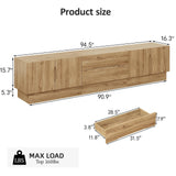 UKAOCAI 86.61'' Tambour TV Stand for 55-85 Inch, Modern Entertainment Center with Large Storage Cabinet & Open Shelves, TV Console with Sliding Doors for Living Room, Bedroom, Natural