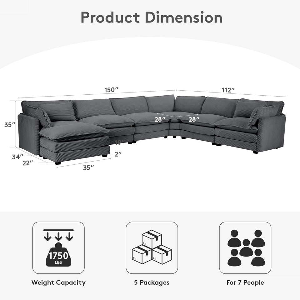 ROWHY 150'' Modular Sectional Sofa Cloud Couch, Corner Sofa Big Comfy Corduroy Oversized L Shaped Couch with 4 Pillows, Chaise, Ottoman, Deep Seat Couches for Living Room Office, Dark Grey
