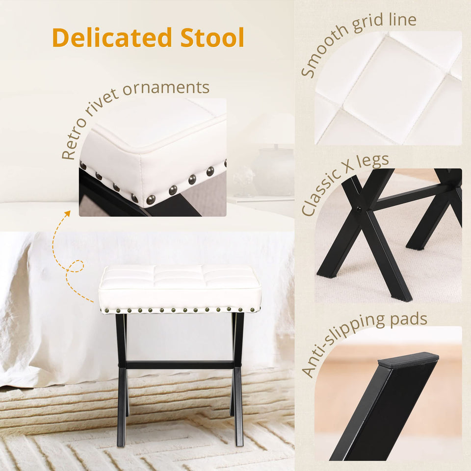 LUE BONA Square Linen Makeup Stool, Metal X Legs, Small Ottoman Stool Chair for Vanity, Modern Padded Seat Foot Rest for Makeup Room, Bathroom