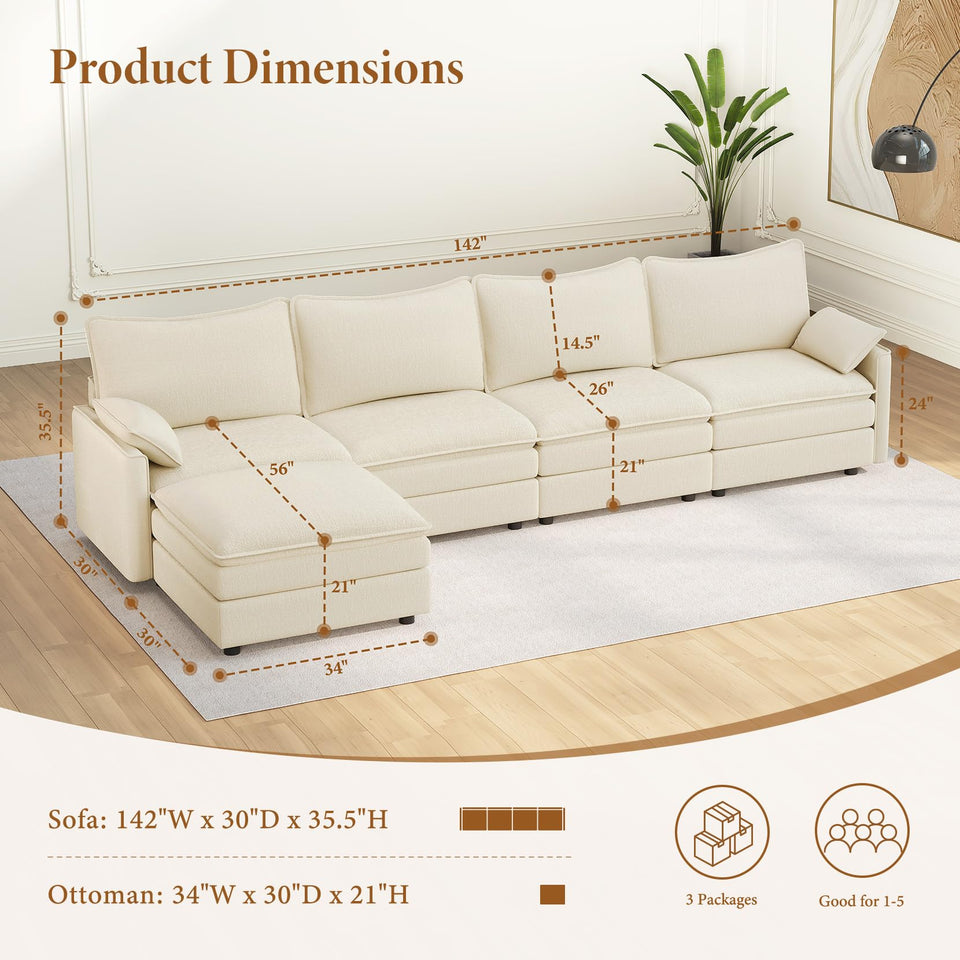 Vesgantti 142" U Shaped Sectional Couch, Comfy Cloud Modular Sectional Sofa with 2 Ottoman Deep Seat Chenille Modern Cloud Sofa, Modular Sofas for Living Room, Bedroom and Apartment, Beige