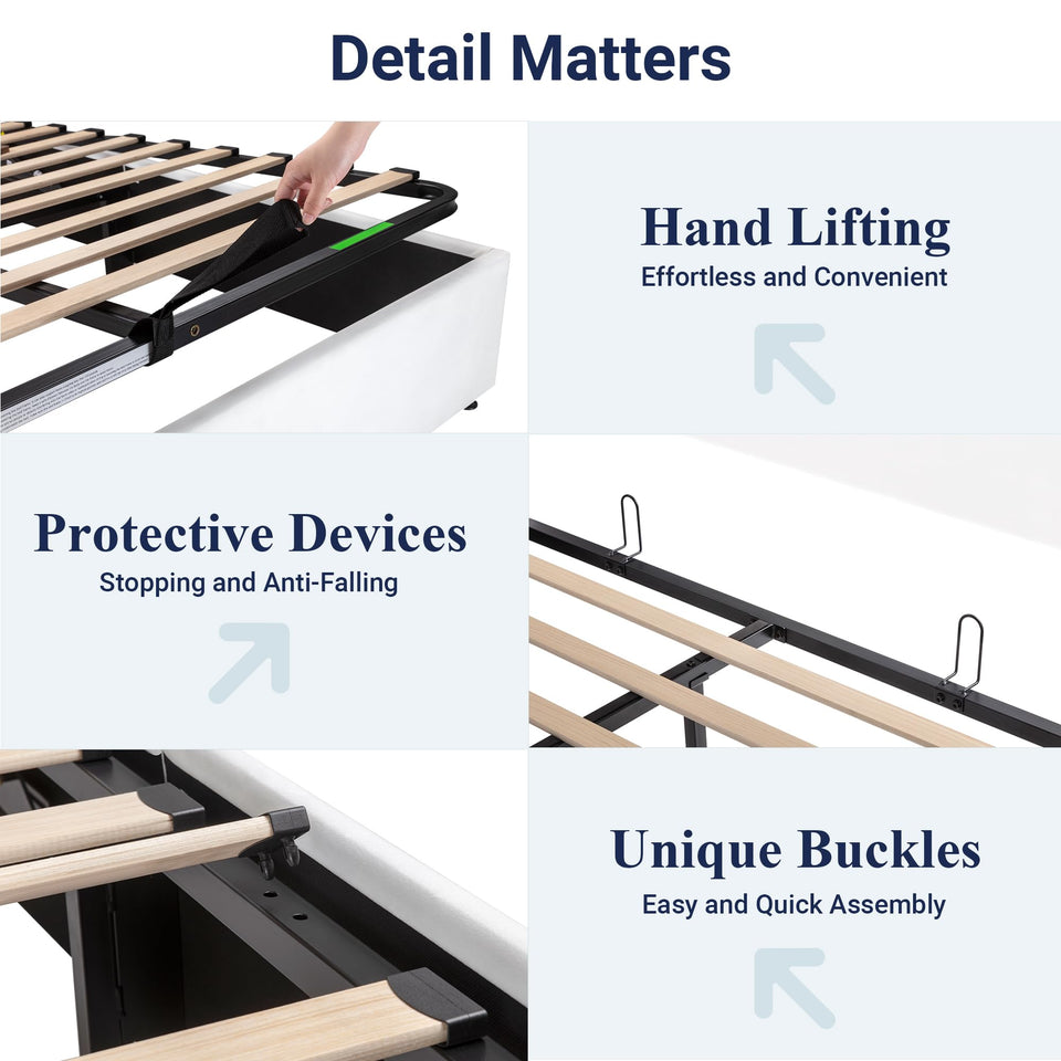 Allewie King Size Lift Up Storage Bed, Modern Wingback Headboard, Hydraulic Support, No Box Spring Needed, Light Beige