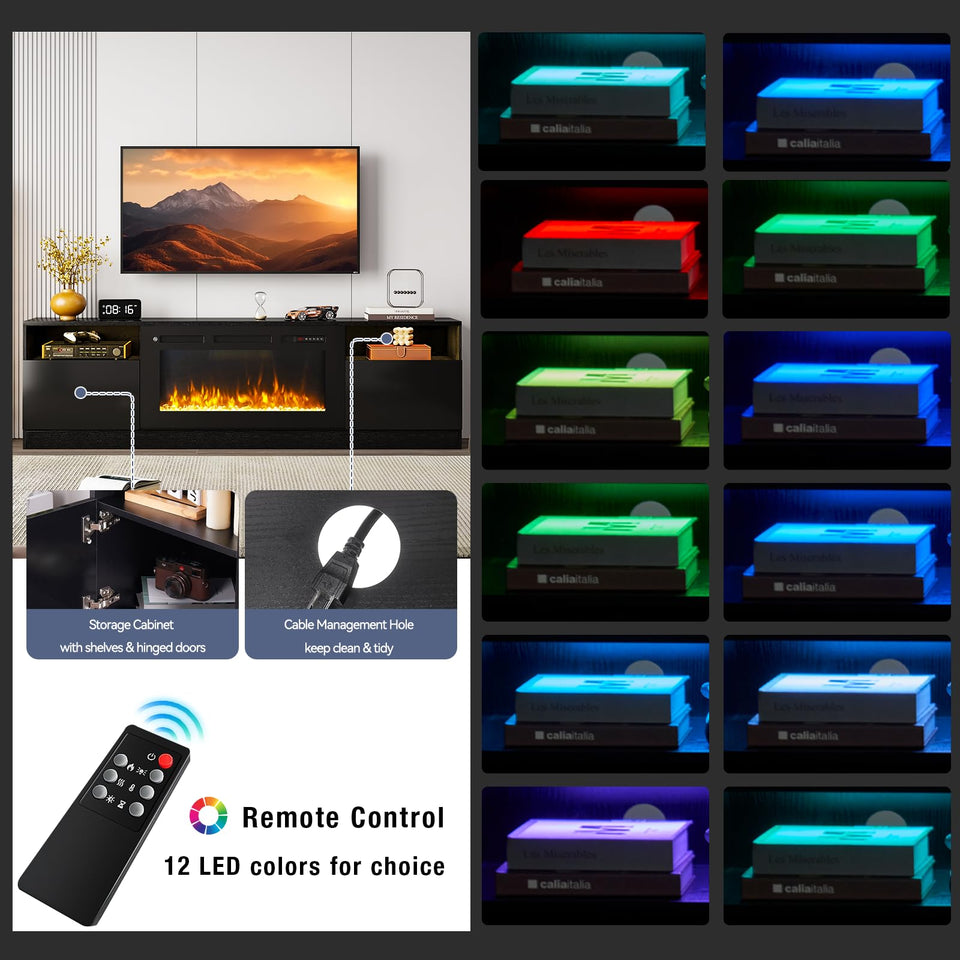 OneBlis 80" Fireplace TV Stand, LED Light Entertainment Center for TVs Up to 90", High-Gloss Door, Modern TV Console for Living Room with Storage Cabinet, Black+Black