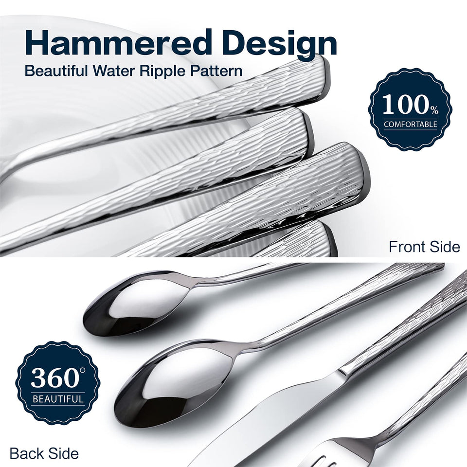 KINGSTONE Hammered Silverware Set, Flatware Set, 18/10 Stainless Steel Premium Cutlery with Unique Ripple Handles Design Mirror Polished - Dishwasher Safe (40-Piece)