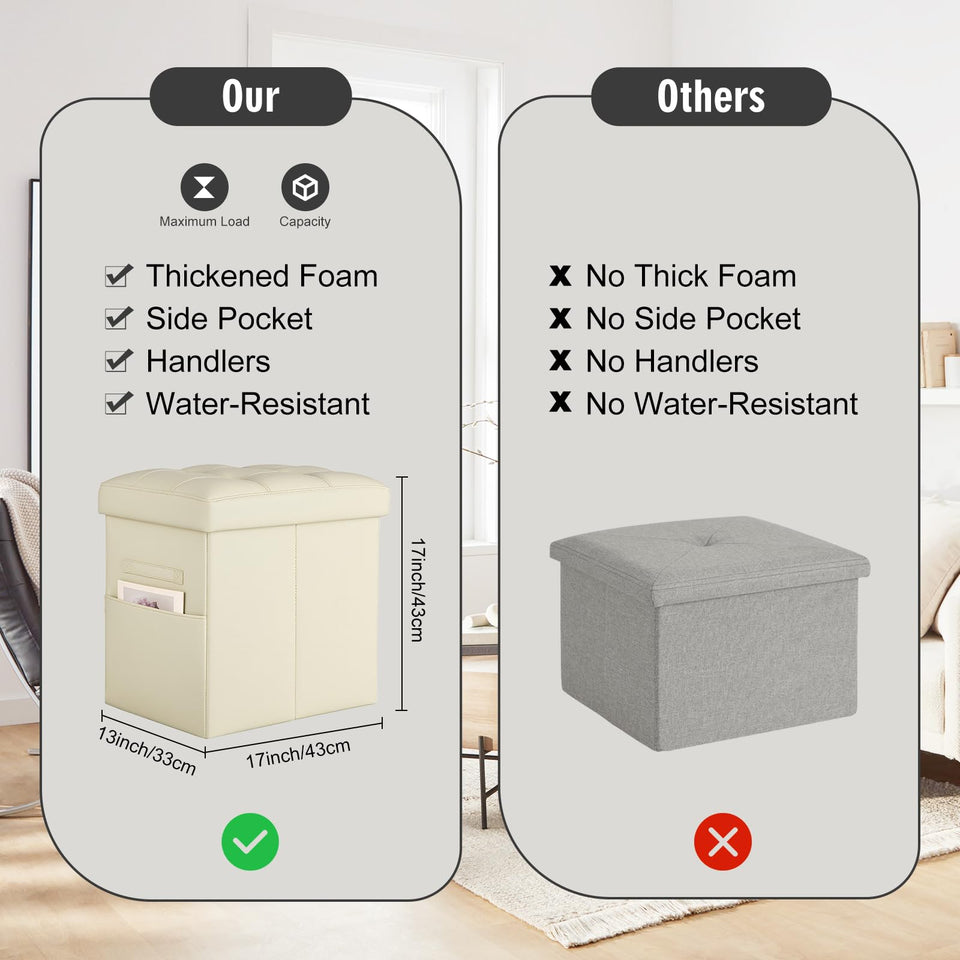 Storage Ottoman Foot Rest Stool, Foldable Leather Footstool Storage Bench with Thicker Foam Padded Seat. Foot Rest Under Desk for Living Room Bedroom 350 lbs, 17x13x13 in, Brown