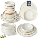 AmorArc Ceramic Dinnerware Sets for 8, 24 Pieces Handpainted Plates and Bowls Set with Rustic Terracotta Underside, Scratch Resistant Stoneware Dishes Set, Dishwasher & Microwave Safe, Light Beige