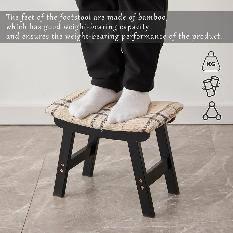 Foot Stool,Ottoman,Bamboo Small Sofa Foot Rest Under Desk,Extra Seating for Living Room, Bedroom and Kitchen(Brown Stool Legs - Beige Surface)