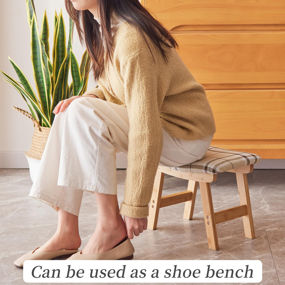 Foot Stool,Ottoman,Bamboo Small Sofa Foot Rest Under Desk,Extra Seating for Living Room, Bedroom and Kitchen(Brown Stool Legs - Beige Surface)