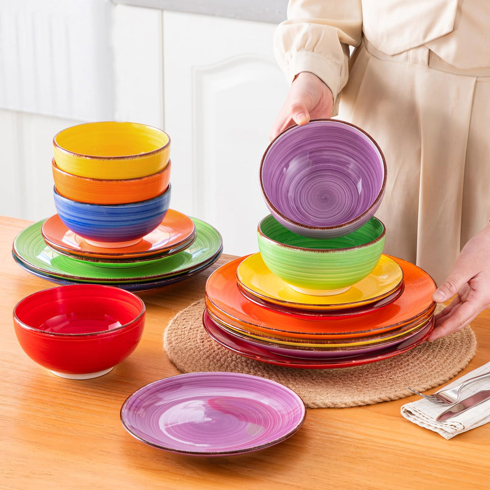 vancasso Bonita Dinnerware Set 24 Pieces Blue Stoneware Service for 6, Handpainted Spirals Pattern Stoneware Combination Set