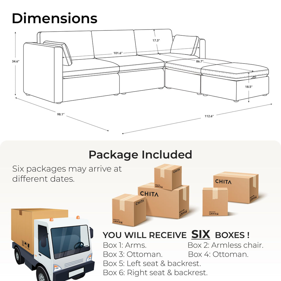 CHITA Oversized Modular Sectional Sofa, FSC Certified L Shaped Sectional Couches for Living Room, 112 inch Width,4 Seat Modular Sofa with Storage Ottoman, Linen