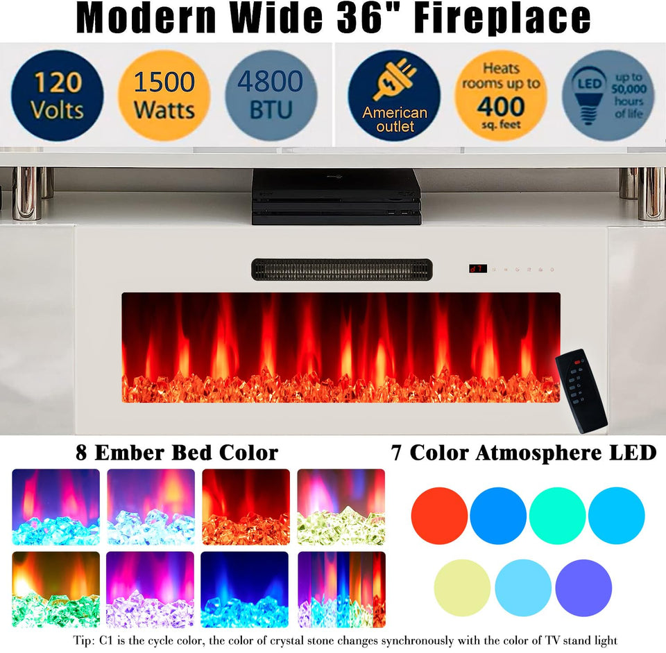 AMERLIFE Fireplace TV Stand with 36" Fireplace, 70" Modern High Gloss Fireplace Entertainment Center LED Lights, 2 Tier TV Console Cabinet for TVs Up to 80", Obsidian Black