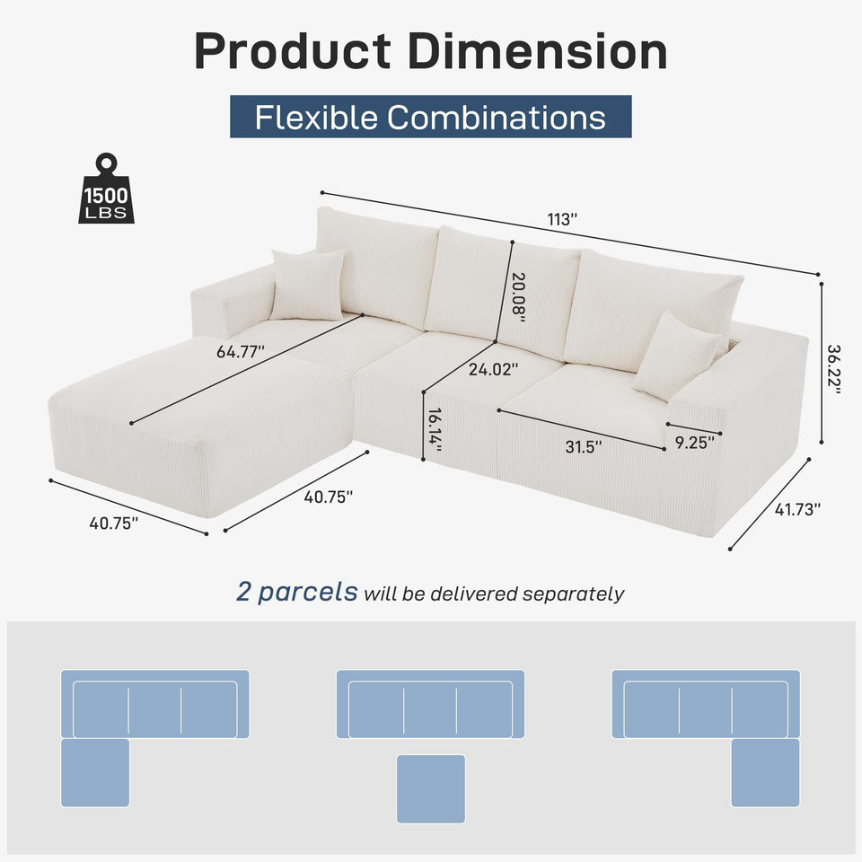 Sectional Cloud Boneless Sofa Couches for Living Room-113'' Beige 3 Seater U-Shaped Modern Lounge Couch-No Assembly Modular Corduroy Convertible Sponge Sleeper Sofas with Chaise for Home House