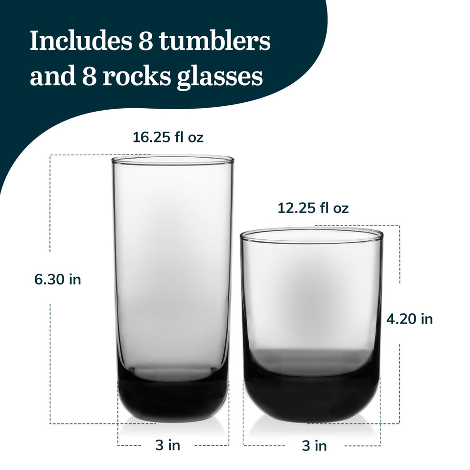 Libbey Ascent Tumbler and Rocks Drinking Glasses Set of 16, Glass Drinking Glasses with Curvature, Versatile Glassware Set for Parties and More