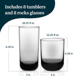 Libbey Ascent Tumbler and Rocks Drinking Glasses Set of 16, Glass Drinking Glasses with Curvature, Versatile Glassware Set for Parties and More