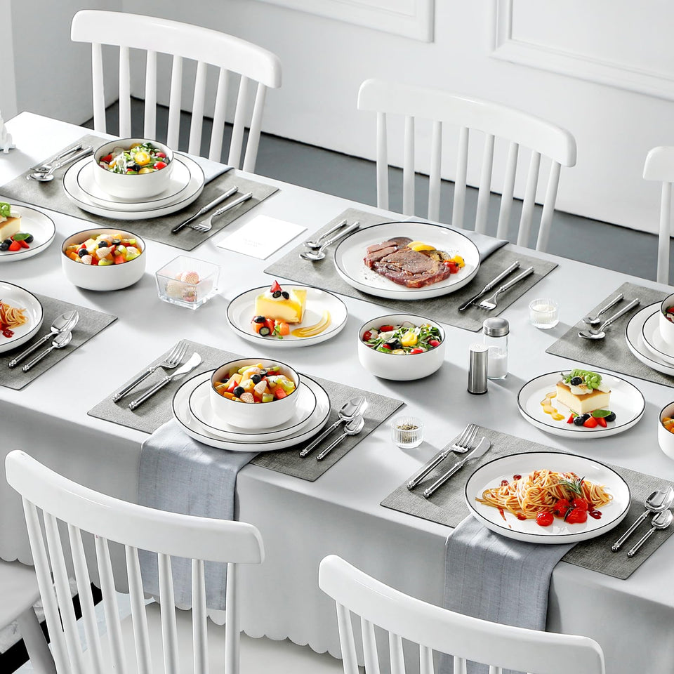 MALACASA Plates and Bowls Sets, 24 Pieces Modern Porcelain Dinnerware Set for 6 Ceramic Dishware Dishes White Kitchen Dinner Dining Ware Set wtih Black Rim Microwave and Dishwasher Safe, Series LUNA