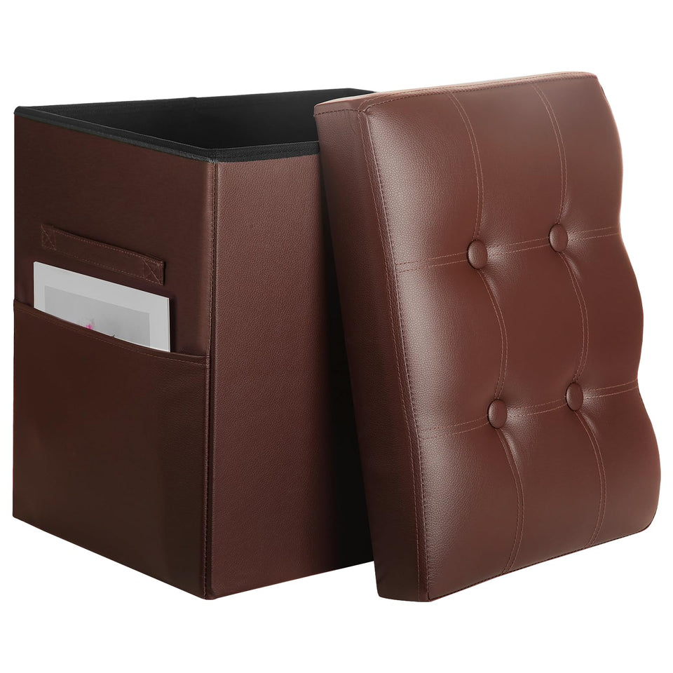 Storage Ottoman Foot Rest Stool, Foldable Leather Footstool Storage Bench with Thicker Foam Padded Seat. Foot Rest Under Desk for Living Room Bedroom 350 lbs, 17x13x13 in, Brown