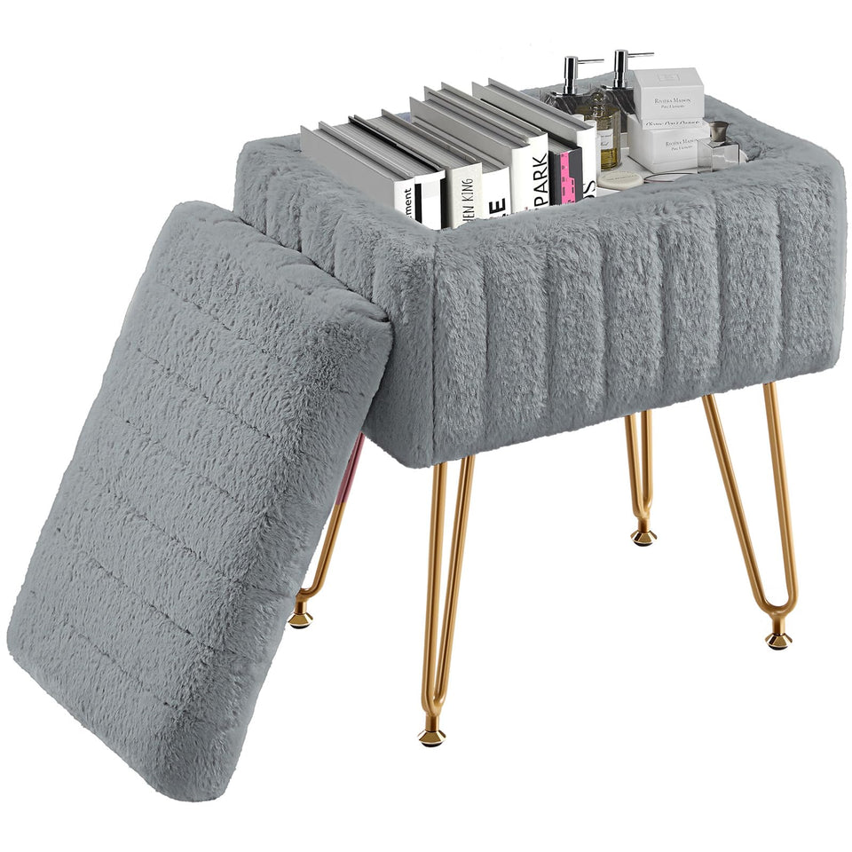 DUMOS Vanity Stool Chair, Ottoman with Storage, Makeup Cute Soft Small Footstool, Modern Style Faux Fur Seat with 4 Metal Legs & Adjustable Feet for Dressing, Living Room, Bedroom, Dorm, Grey