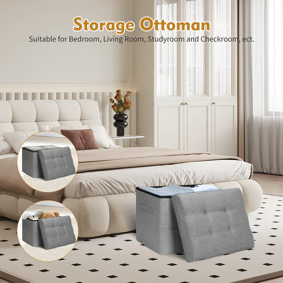Storage Ottoman with Extra Thick Foam Padded Seat, Foldable Foot Rest Stool with Linen Fabric, 43L Ottoman with Storage Bench for Bedroom Living Room, Holds Up to 300lbs, 17x13x13in, Dark Gray