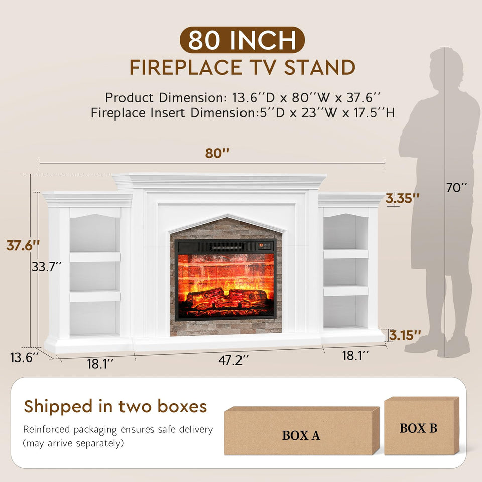 LGHM 72" Electric Fireplace with Mantel, Fireplace TV Stand for TVs Up to 80 Inch, Modern Entertainment Center with Storage, Realistic Stacked Stone Surround with Remote Control for Living Room