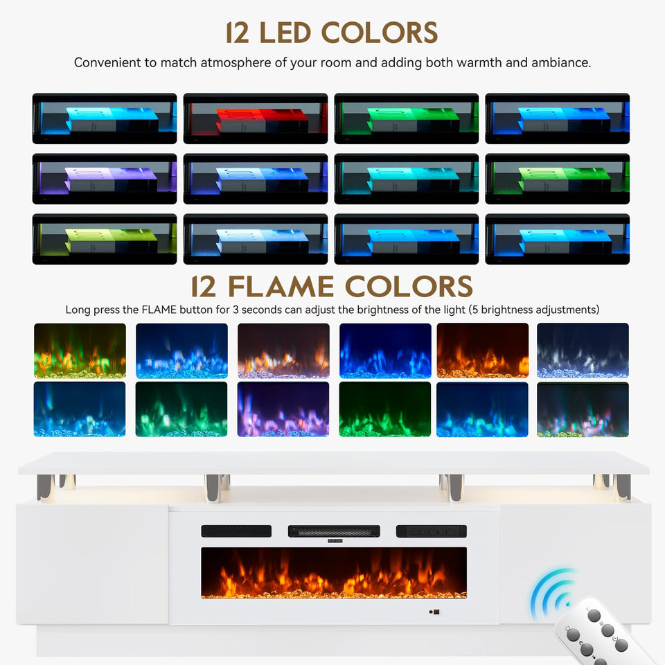 OneBlis 70" TV Stand for Living Room, Modern Entertainment Center & Media Console, Fits TVs up to 80", Storage Cabinet with Shelves, 36" Electric Fireplace with LED Flame (All Black)