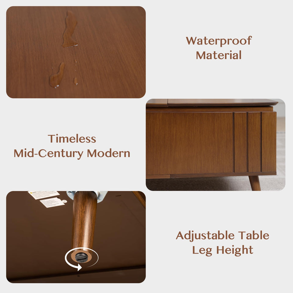 JOINICE, Round Coffee Table with Storage, Mid Century Modern Center Table with Sliding Cabinet Door, Fluted Dining Table for Living Room, Home Small Space, 31.5", Walnut