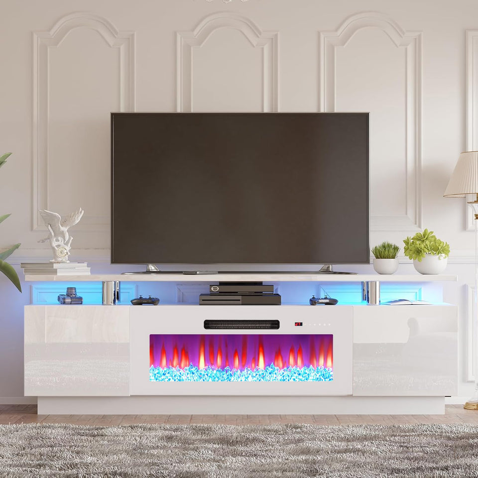 AMERLIFE Fireplace TV Stand with 36" Fireplace, 70" Modern High Gloss Fireplace Entertainment Center LED Lights, 2 Tier TV Console Cabinet for TVs Up to 80", Obsidian Black