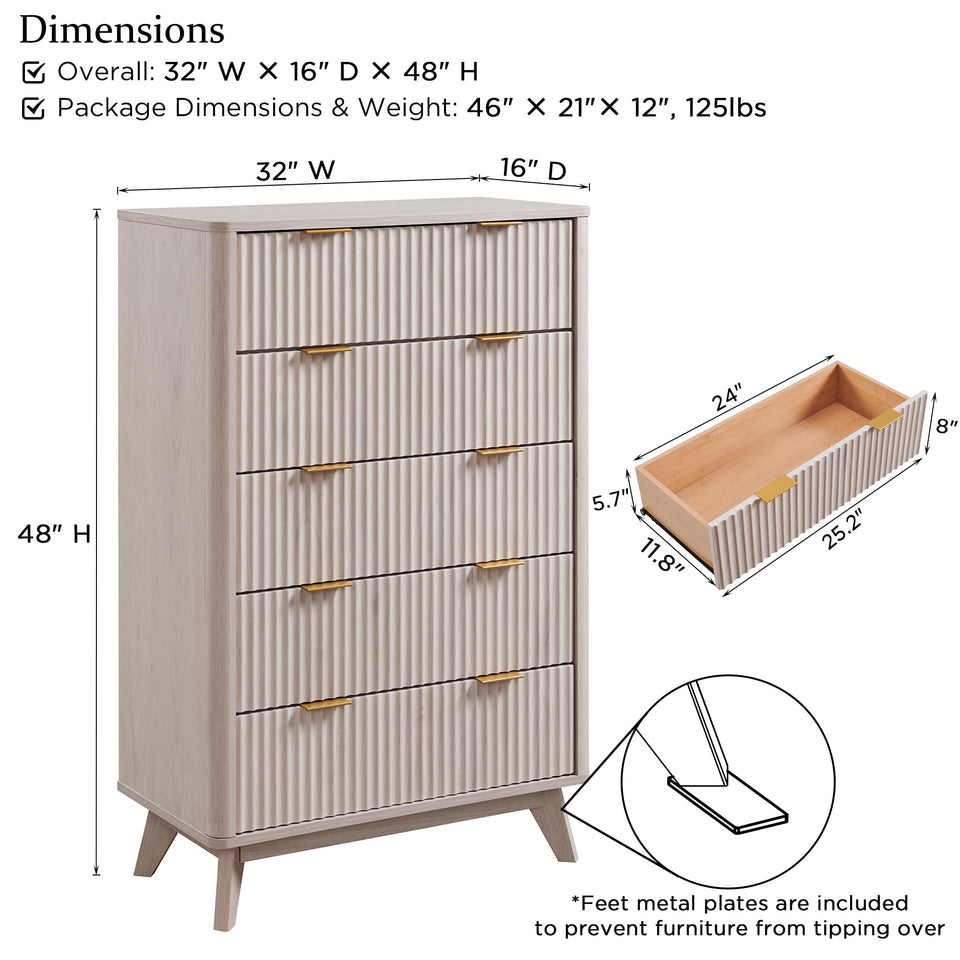 T4TREAM Fluted 7 Drawers Dresser, 54" Wide Modern Chest of Drawers with Faux Marble Top, Curved Profile Design, Dresser TV Stand, Wood Drawer Organizer for Bedroom, Living Room, Hallway, Natural Oak