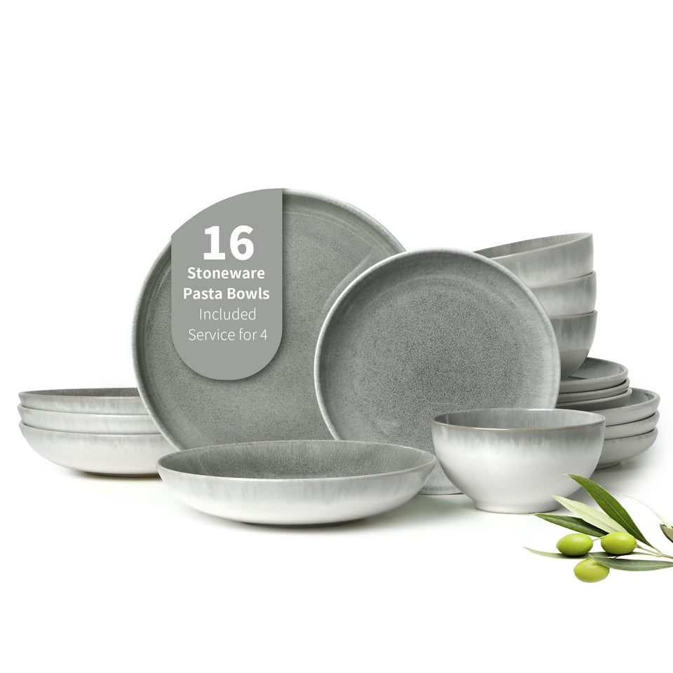 Pokini 24 Piece Dinnerware Sets for 8, Modern Stoneware Plates and Bowls Setst, Perfect for Family Gatherings & Holiday Celebrations, Easy Cleaning Dishes Set, Stack Compactly Dishware, Brown Green