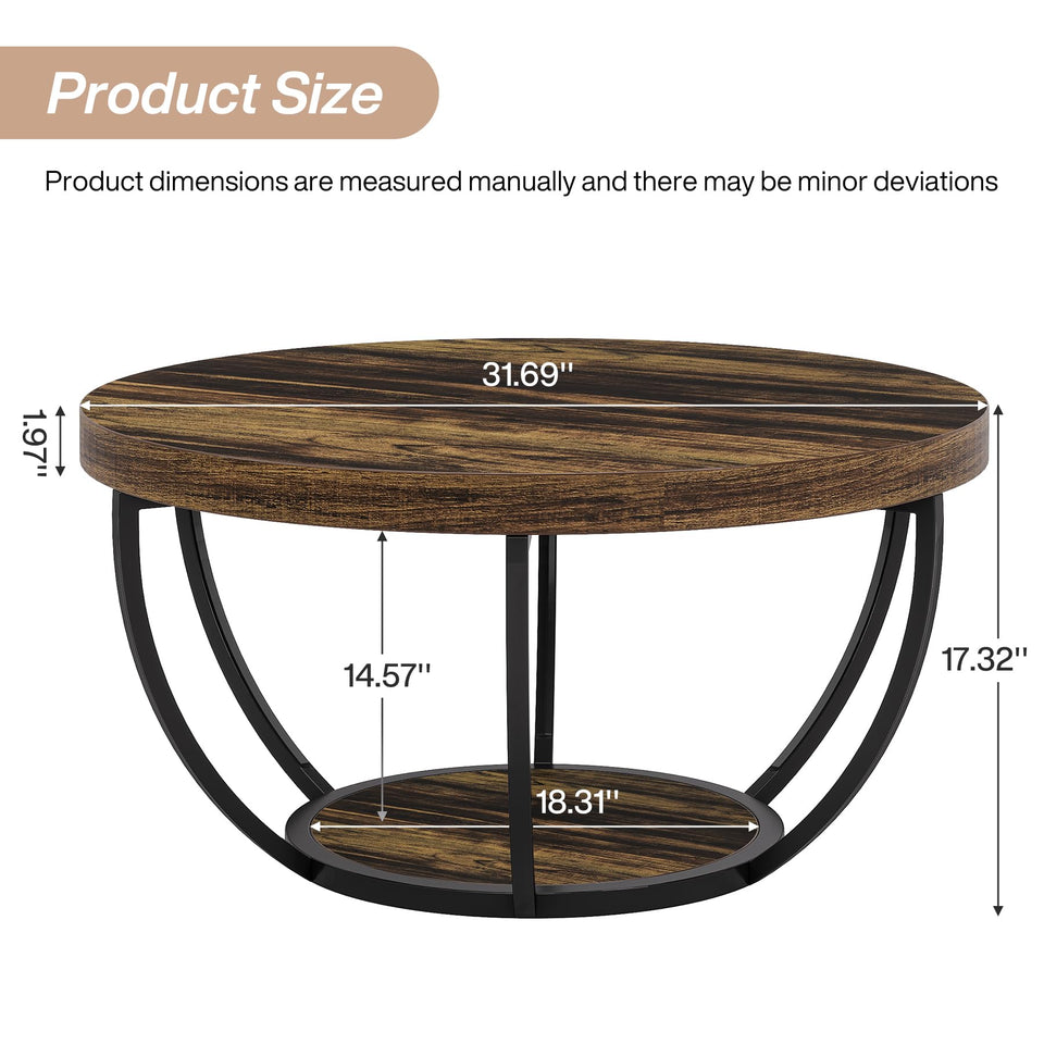 Tribesigns Round Coffee Table, 31.7" Wooden 2-Tier Circle Coffee Table with Storage Shelves, Modern Accent Cocktail Table Center Table for Living Room, Rustic Brown