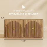 BELLEZE 65 Inch Fluted Buffet Cabinet with Storage, Symmetrical Arc Accent Sideboard Large Console Table for Dining Room, Kitchen, and Living Room (Caramel Brown)