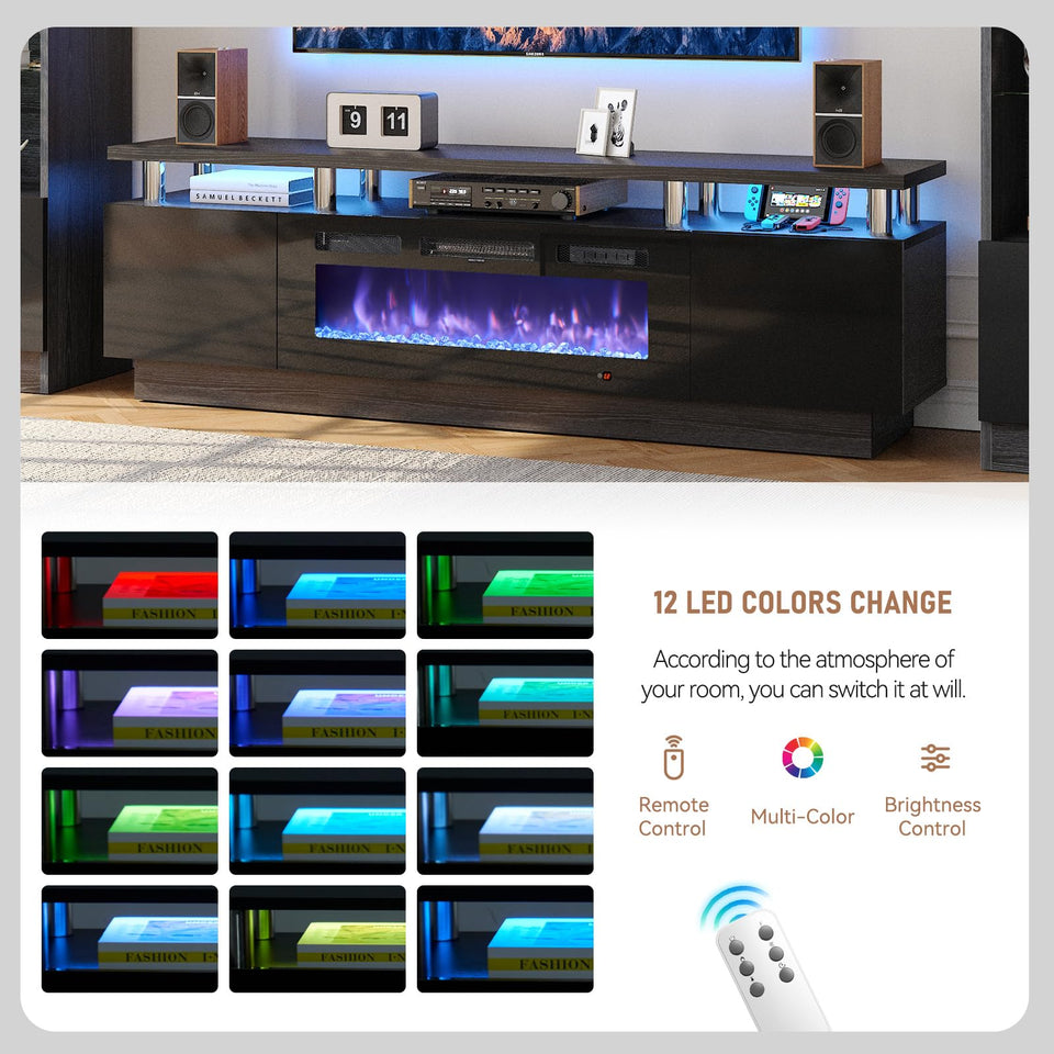 OneBlis 70" TV Stand for Living Room, Modern Entertainment Center & Media Console, Fits TVs up to 80", Storage Cabinet with Shelves, 36" Electric Fireplace with LED Flame (All Black)