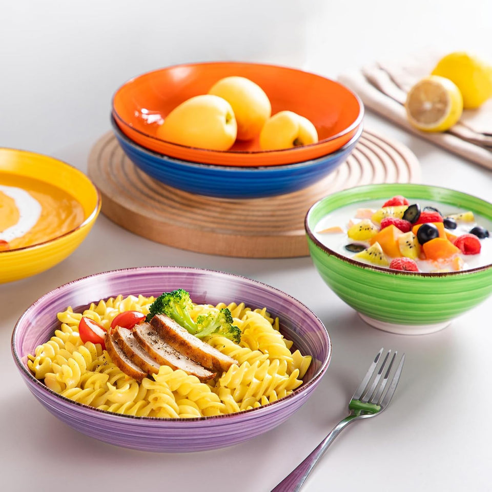 vancasso Bonita Dinnerware Set 24 Pieces Blue Stoneware Service for 6, Handpainted Spirals Pattern Stoneware Combination Set