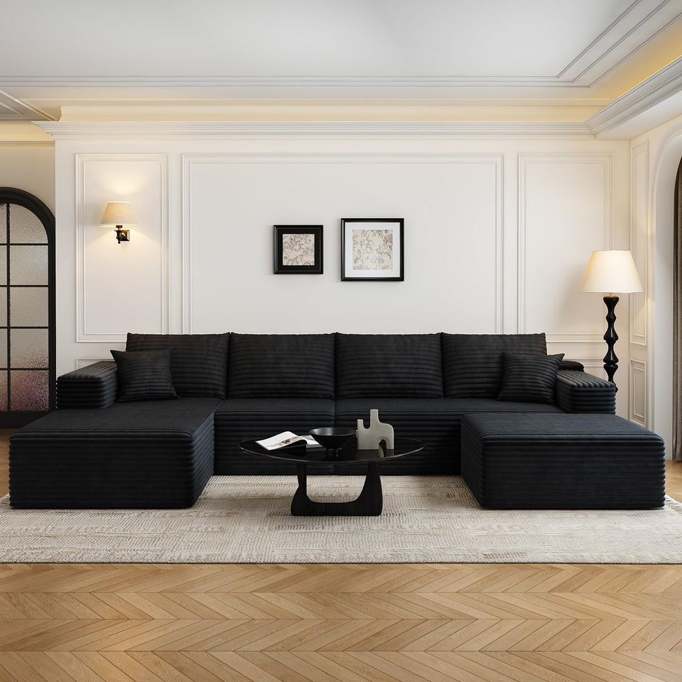 135.4" Cloud Modular Sectional Couch with 1 Ottoman,Modern Minimalist Upholstered Couches, Comfort U Shaped Sofa for Living Room,Deep Seat Corner Couch，No Assembly Required (Black,Left Facing Chaise)