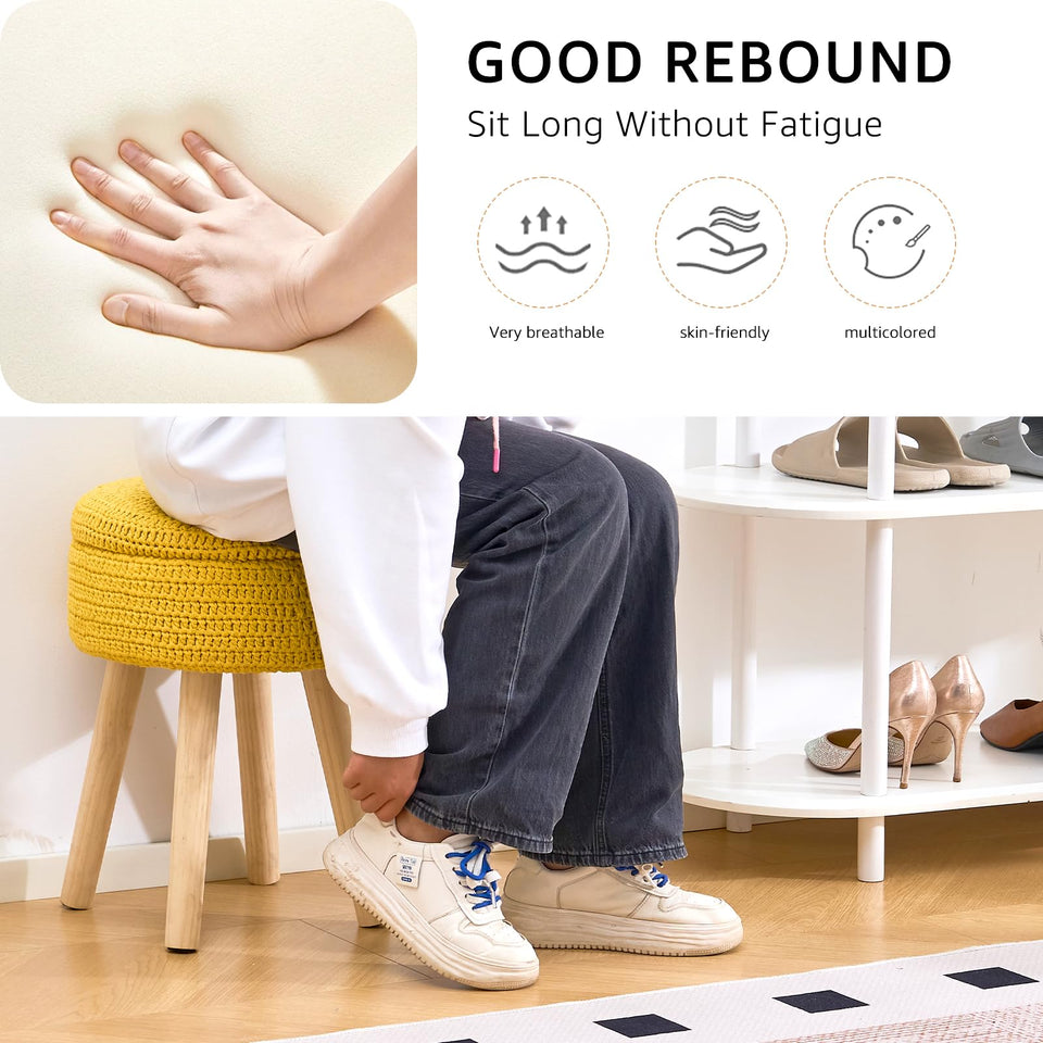 Wimarsbon Pouf Ottoman, 100% Cotton Knitted Boho Footstool, Round Footrest with Non-Skid Wood Legs, Home Décor Handmade Pouffe, Leisure Floor Step Stool for Living Room (Beige)