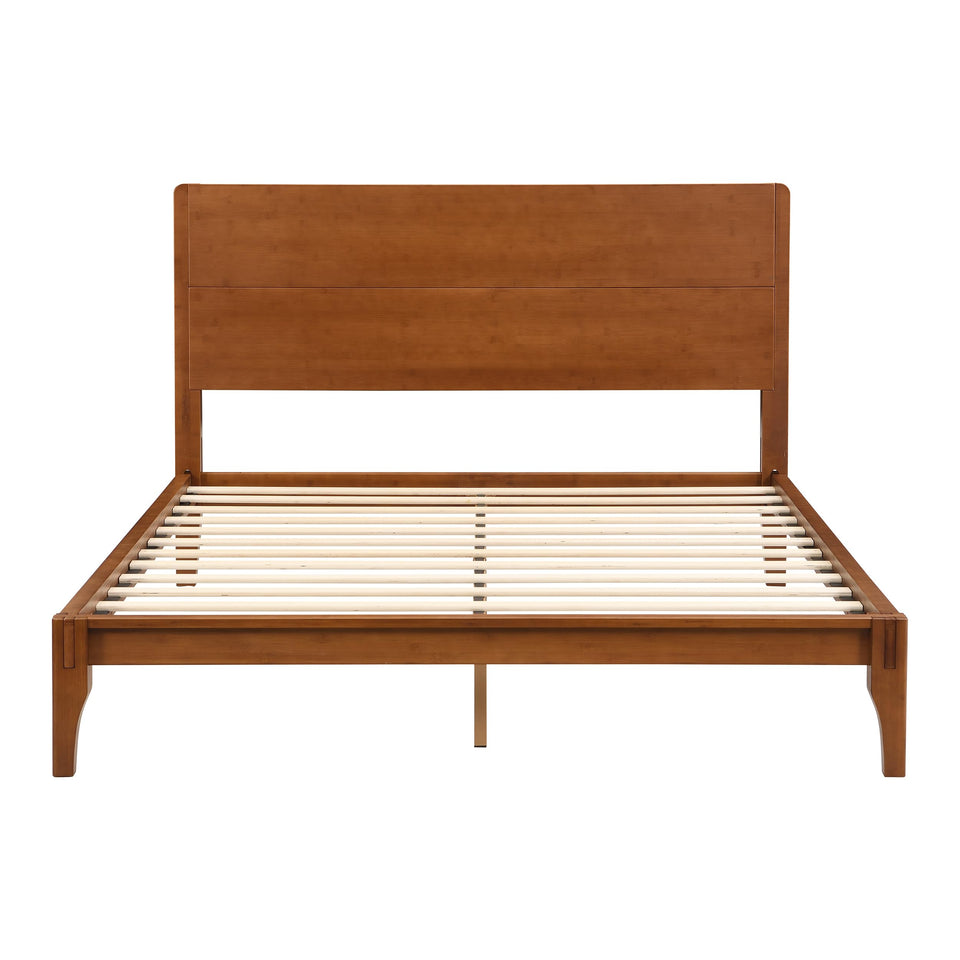 Merax Queen Size Bamboo Platform Bed, Mid-Century Modern Bed Frame with Tall Headboard, Solid Sustainable Bedframe Queen-size, Wood Slat Support, No Box Spring Needed, Easy Assembly, Noise Free, Brown