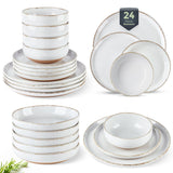 AmorArc Ceramic Dinnerware Sets for 8, 24 Pieces Handpainted Plates and Bowls Set with Rustic Terracotta Underside, Scratch Resistant Stoneware Dishes Set, Dishwasher & Microwave Safe, Light Beige