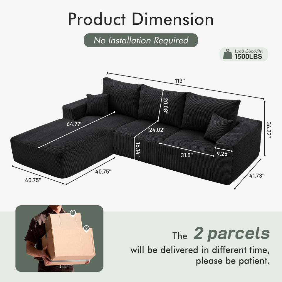 Boneless Sectional Cloud Couch Sofa for Living Room, 112" U-Shaped Modular Modern Lounge Sleeper Black Couches with Chaise, No Assemble, Cordury Compression Upholstered Sofas