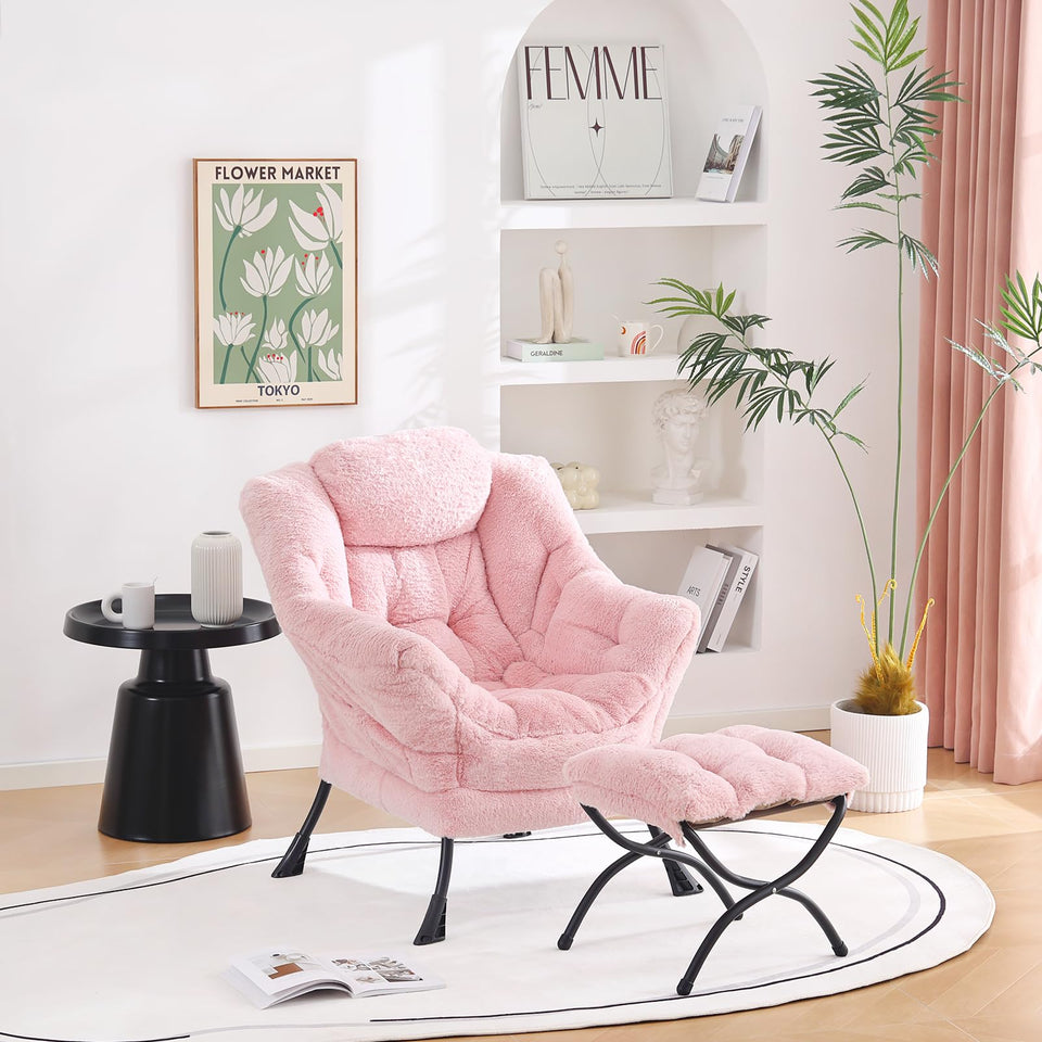 Welnow Lazy Chair with Ottoman, Modern Lounge Accent Chair with Armrests and a Side Pocket, Leisure Sofa Armchair, Reading Armchair with Footrest for Small Space, Dark Grey