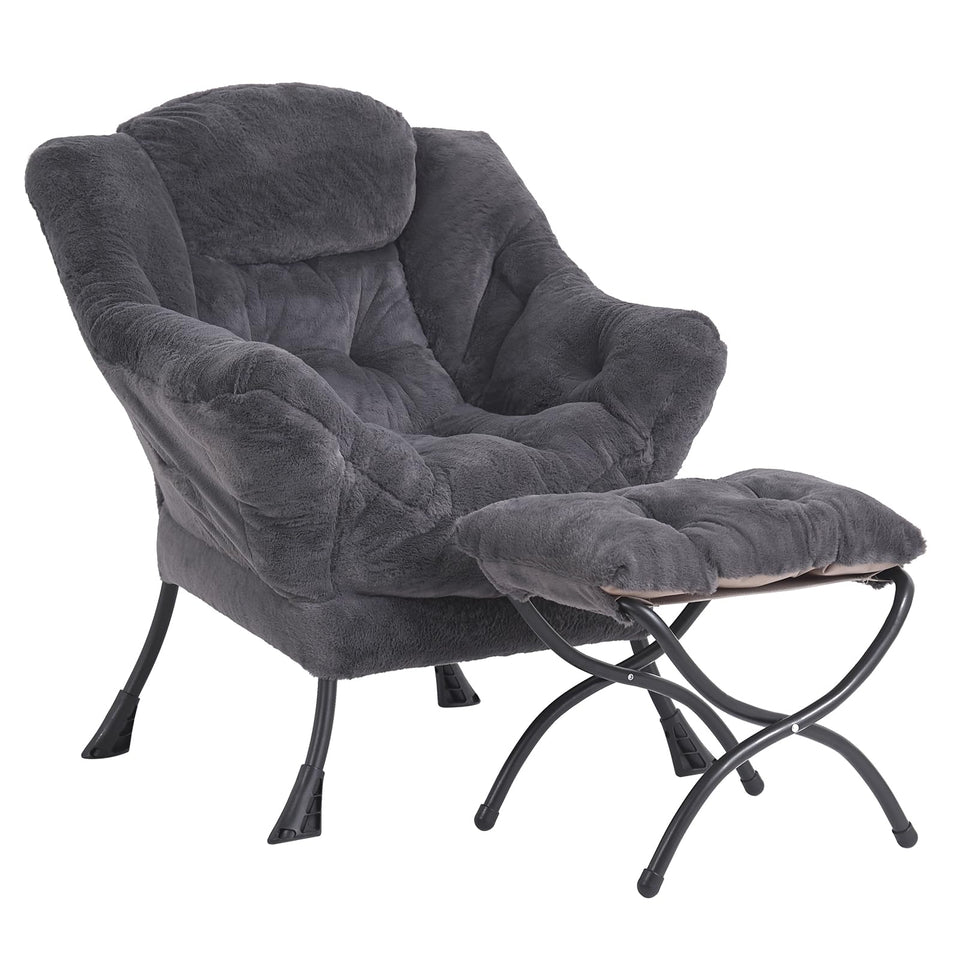 LITA Lazy Chair with Ottoman, Modern Accent Leisure Upholstered Lazy Sofa Armchair, Contemporary Lounge Reading Chair with Armrests and a Side Pocket for Living Room, Bedroom & Small Space, Dark Grey