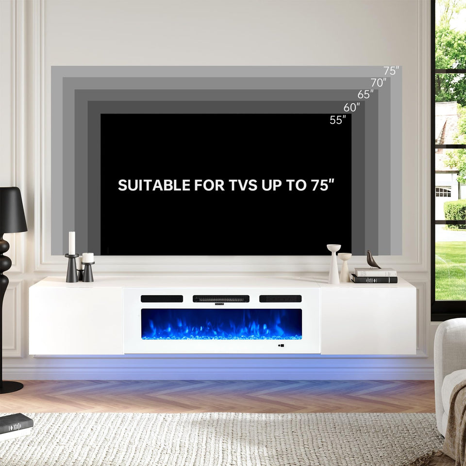 oneinmil 70" Floating TV Stand with 36" Electric Fireplace, Wall Mounted Fireplace Entertainment Center with Storage, Fire Place TV Console for Living Room, All Black