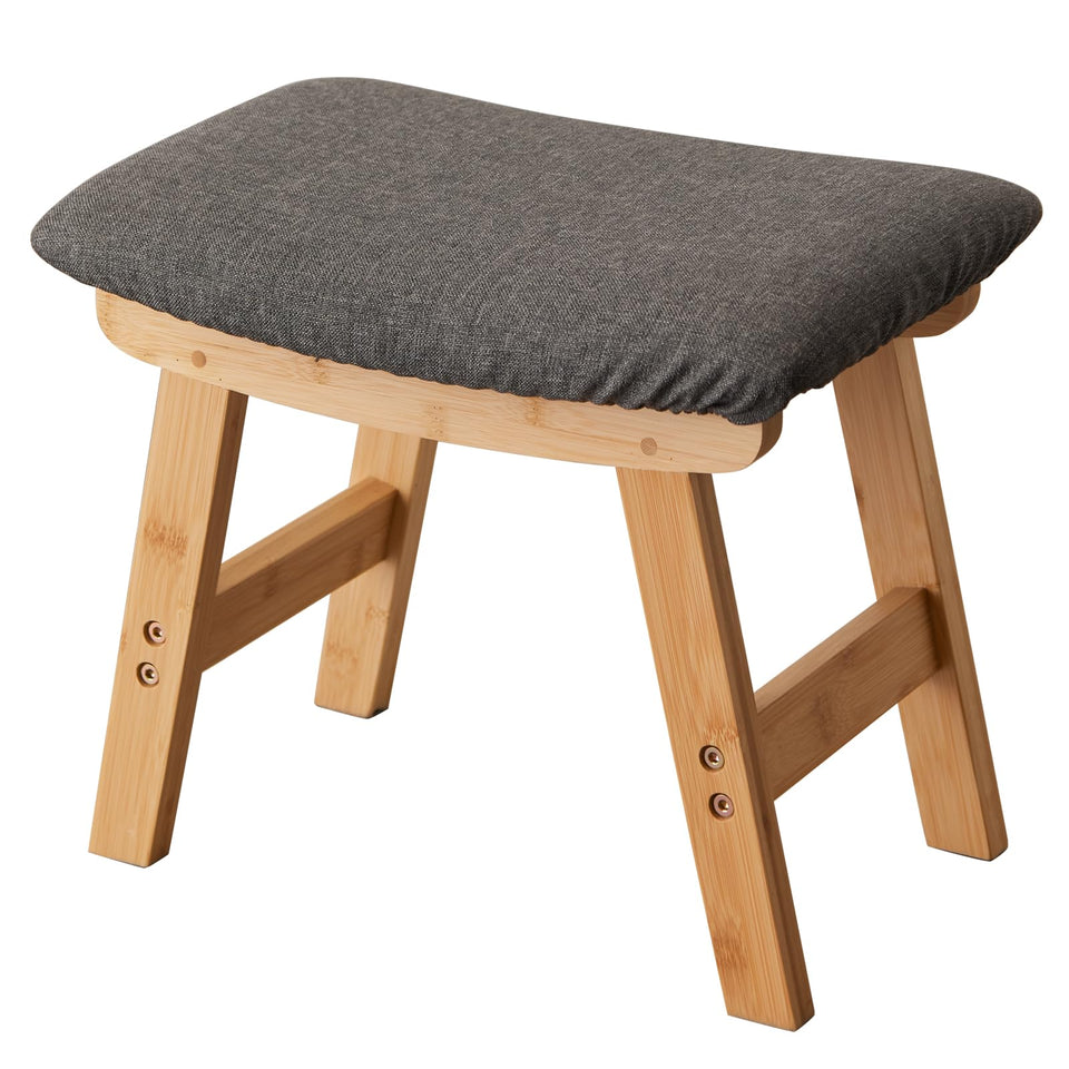 Foot Stool,Ottoman,Bamboo Small Sofa Foot Rest Under Desk,Extra Seating for Living Room, Bedroom and Kitchen(Brown Stool Legs - Beige Surface)